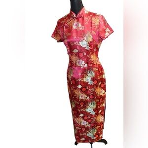 Red Floral Cheongsam Qipao Dress Small Asian Inspired Midi